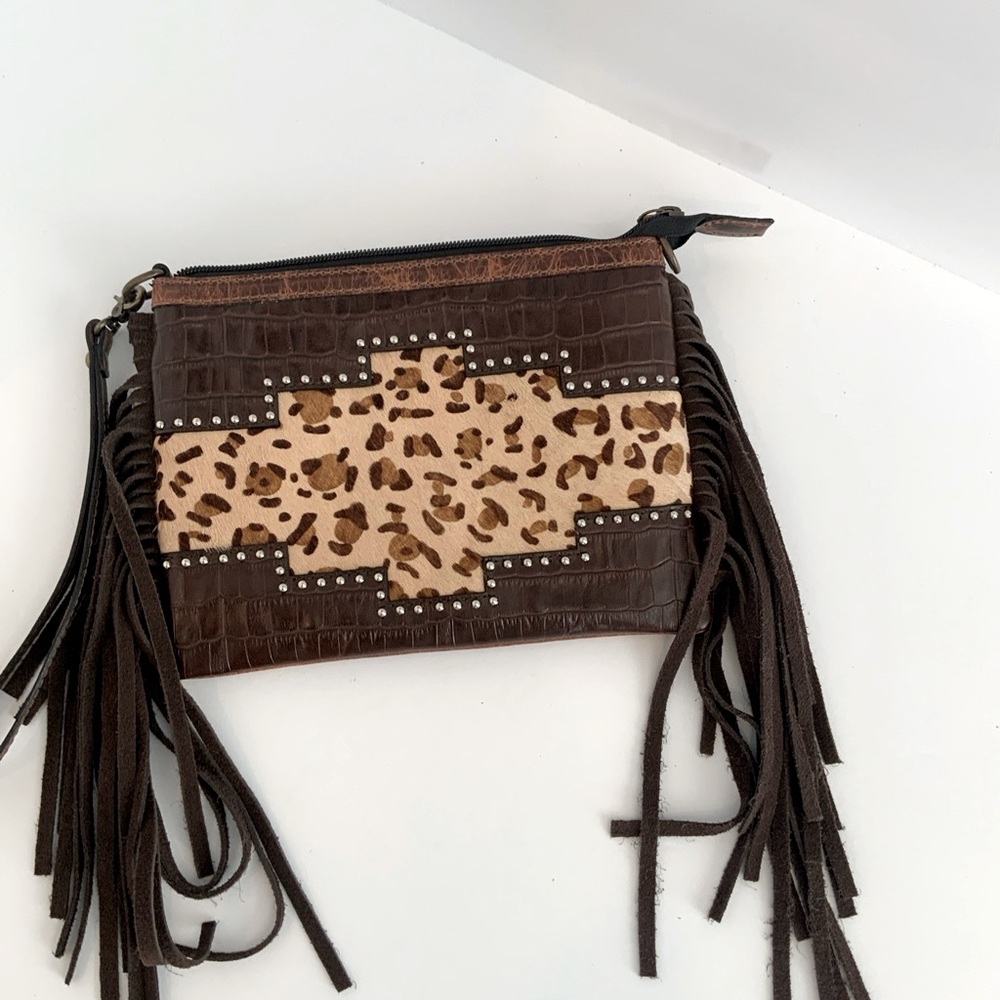 Rafter T Ranch Co Western Fringe Studded Mixed Media Leather Wristlet